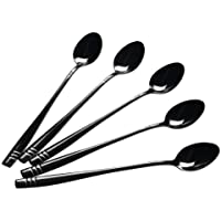 Qshape Cucharas Mango Largas para Mezclar Helados y Cócteles de Acero Inoxidable- Color Negro- 12 Unidades
